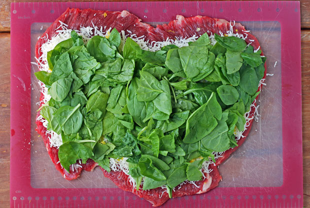 Flank Steak topped with Parmesan, garlic, lemon and spinach