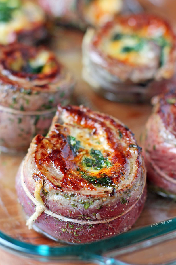 Garlic Parmesan Flank Steak Pinwheels seared and ready to bake