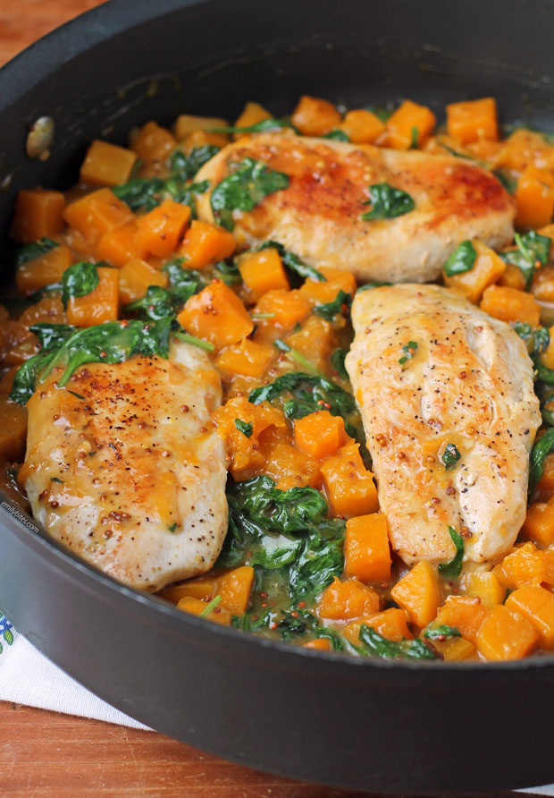 close-up of Maple Dijon Chicken and Squash Skillet