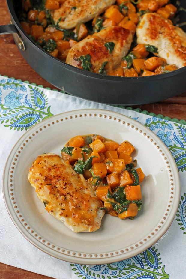 One serving of Maple Dijon Chicken and Squash Skillet