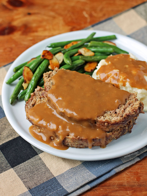 Meatloaf with Gravy on a plate with sides