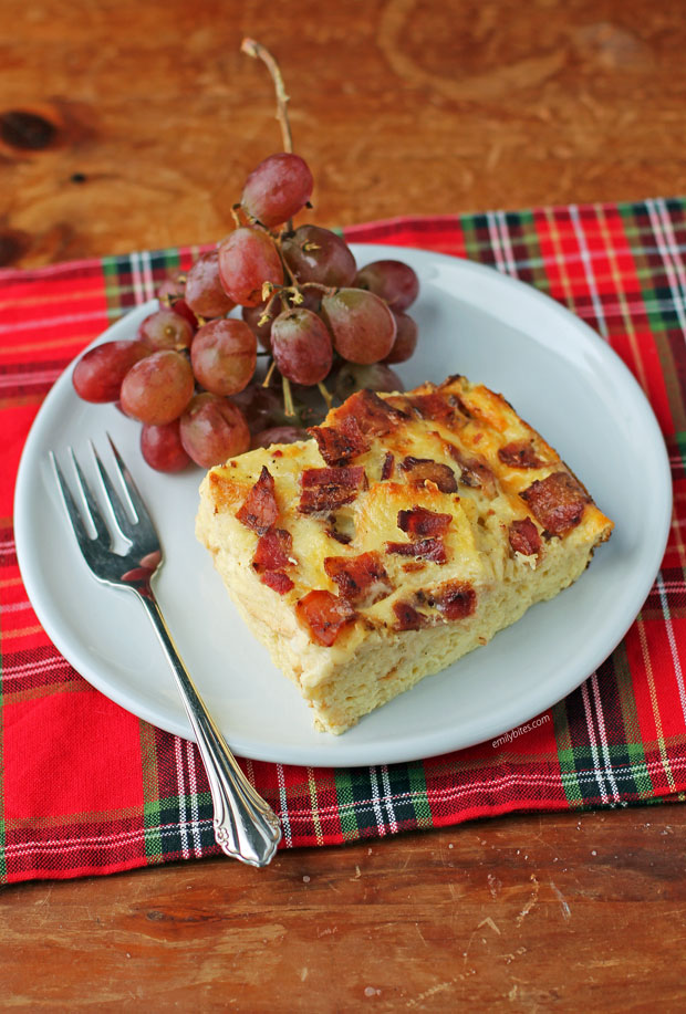 Overnight Breakfast Casserole piece with grapes