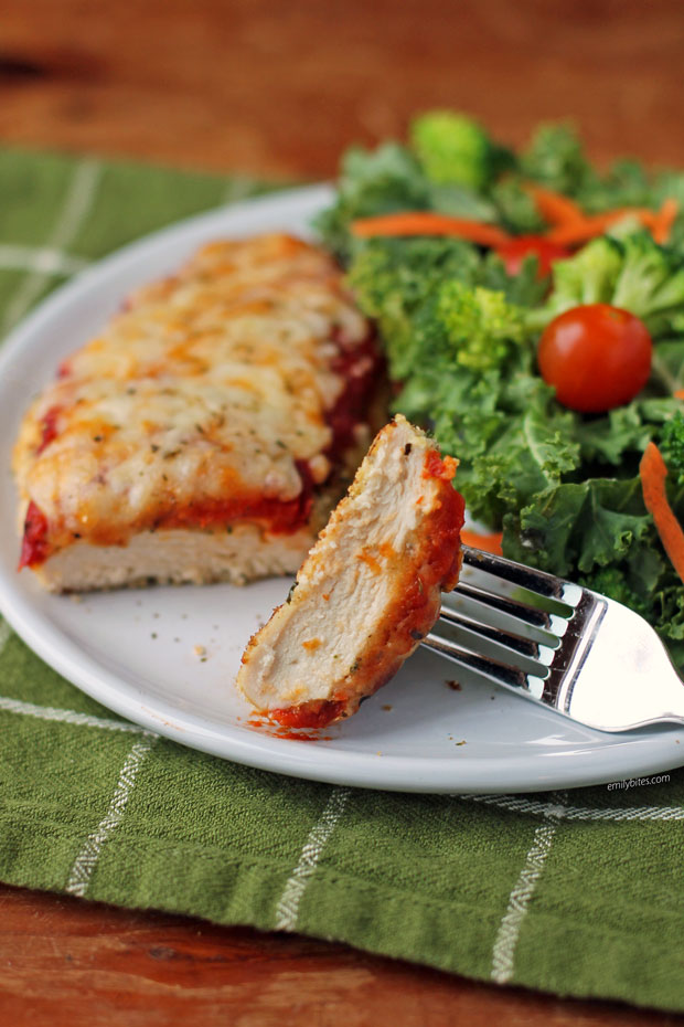 Chicken Parmesan bite on a fork