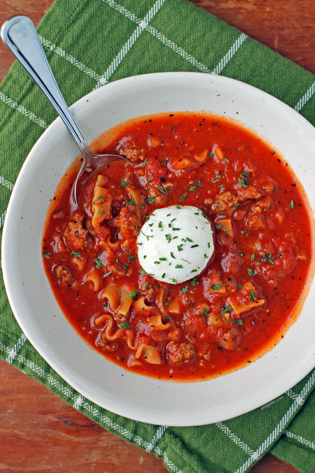 Lasagna Soup overhead with spoon