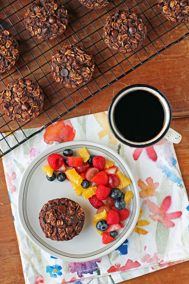 Chocolate Mocha Baked Oatmeal Singles with coffee overhead