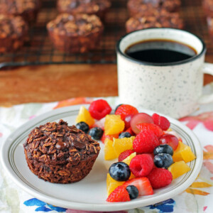 Chocolate Mocha Baked Oatmeal Singles with fruit and coffee