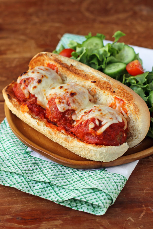 Beef and Turkey Meatball Sub plated with salad