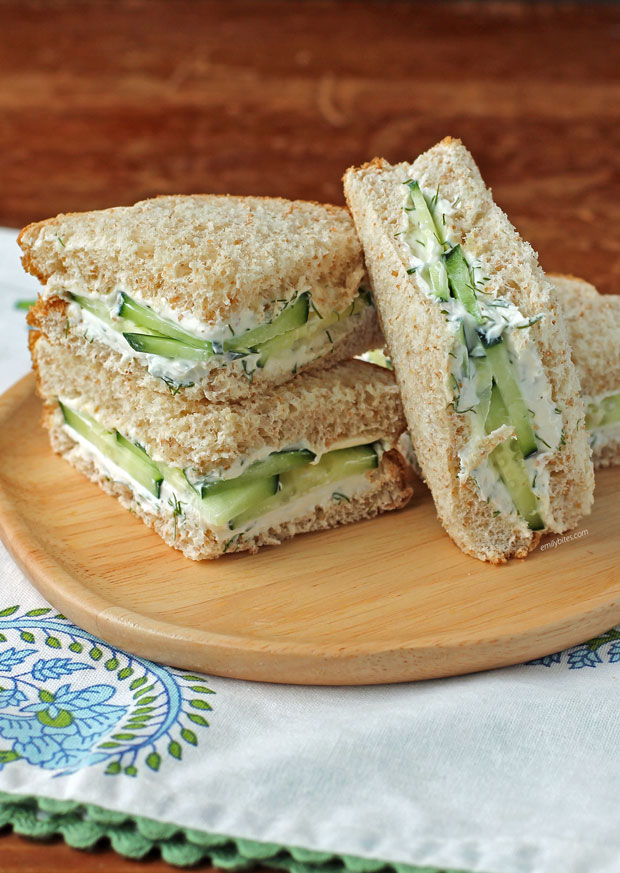 Cucumber Sandwich pieces stacked on a plate