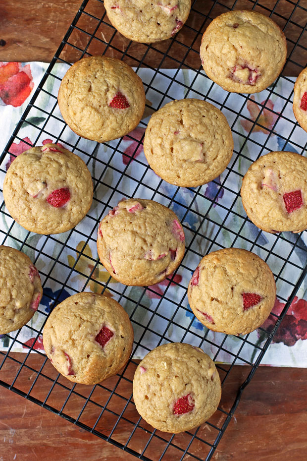 Strawberry Rhubarb Muffins on a cooling rack