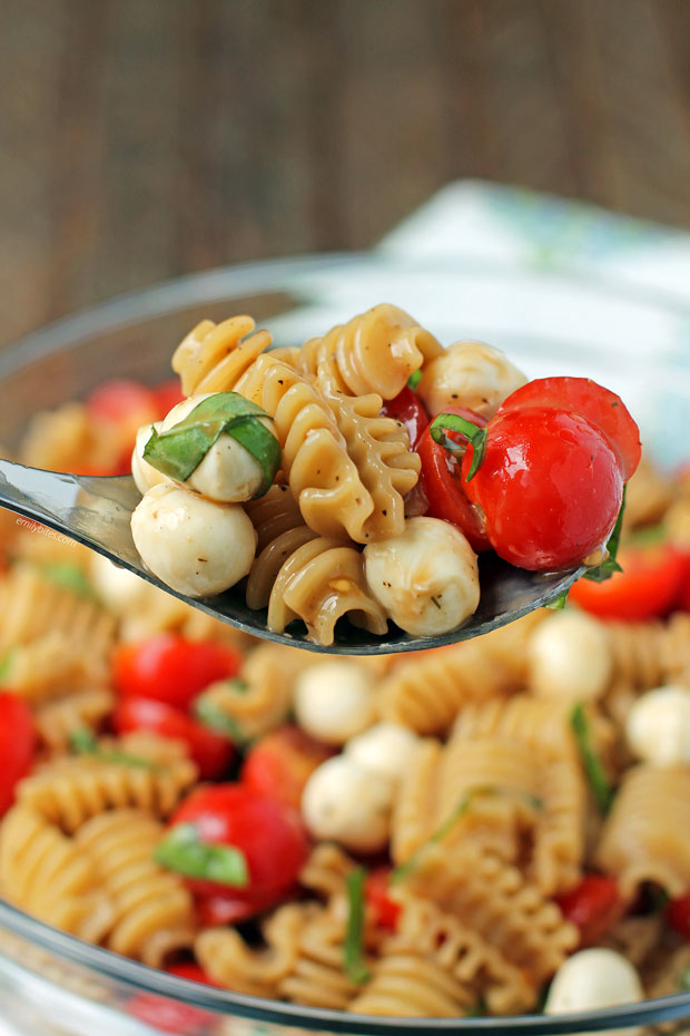 Caprese Pasta Salad on a spoon