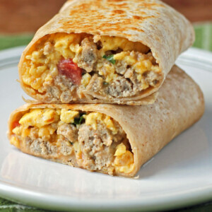 Turkey Sausage Breakfast Burrito cut in half