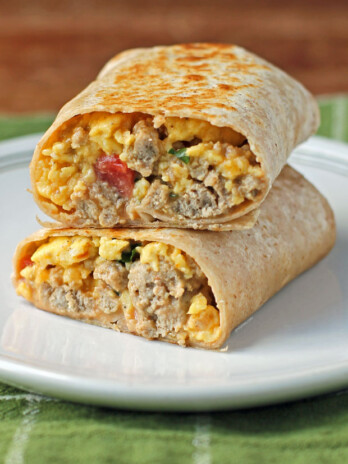 Turkey Sausage Breakfast Burrito cut in half