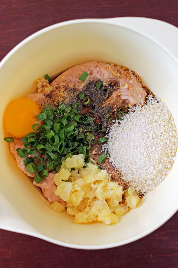 Pineapple Teriyaki Chicken Burger ingredients in a bowl