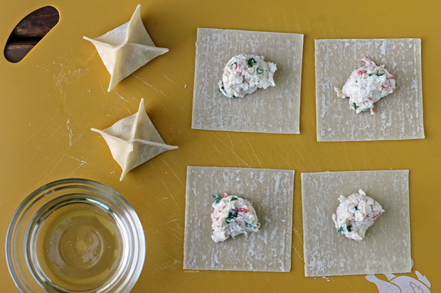 Building Crab Rangoon on a cutting board