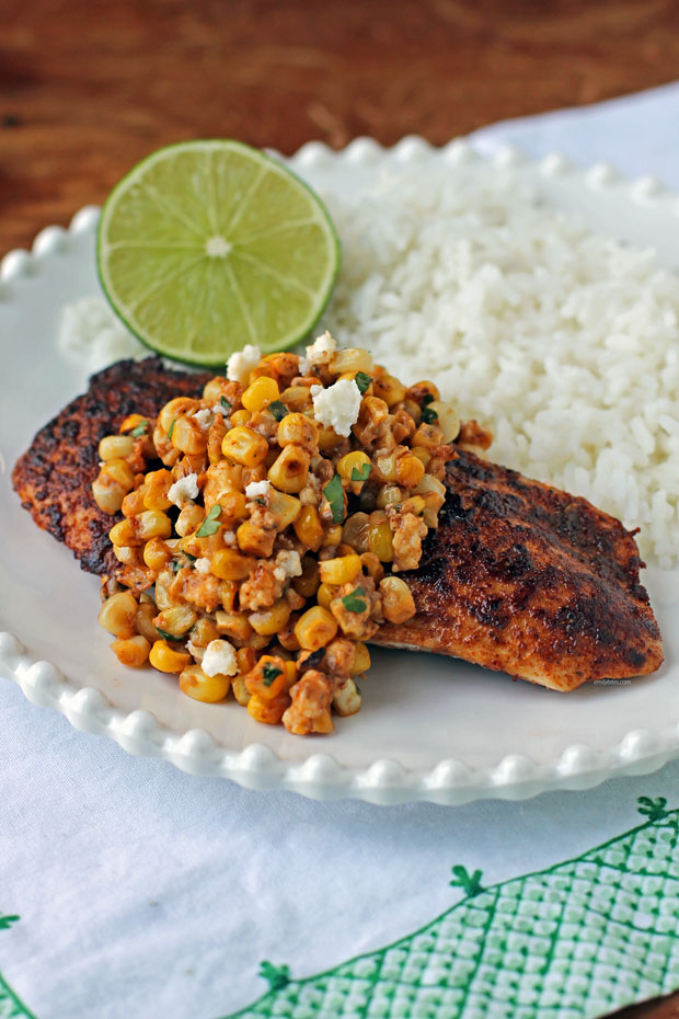 Lemon Feta Paprika Chicken Skewers with Charred Corn. - Half Baked