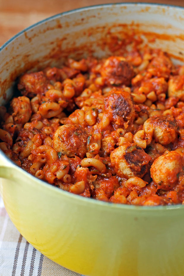 One-Pot Meatballs and Macaroni side view