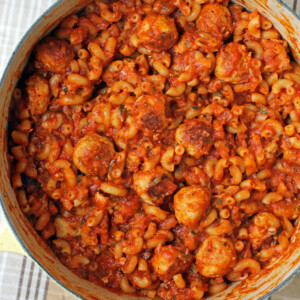 One-Pot Meatballs and Macaroni overhead shot