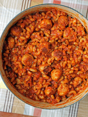 One-Pot Meatballs and Macaroni overhead shot