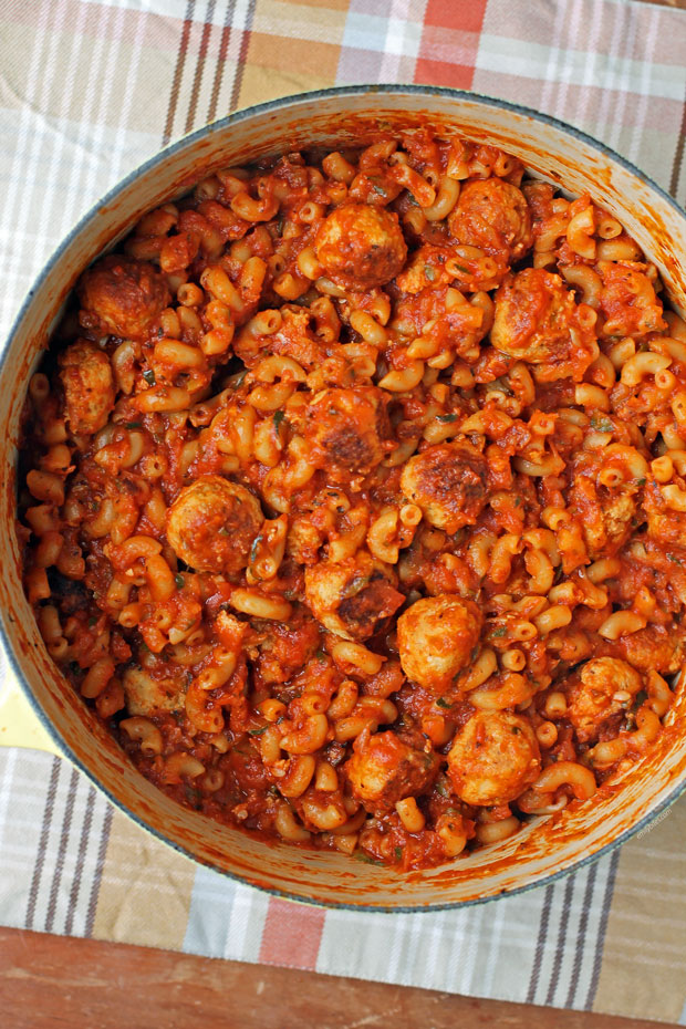 One-Pot Meatballs and Macaroni overhead shot