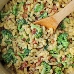 One-Pot Bacon Broccoli Mac and Cheese in a pot