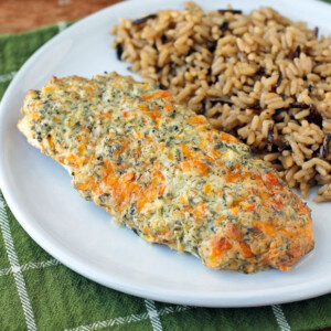 Cheesy Garden Vegetable Baked Chicken plated with rice