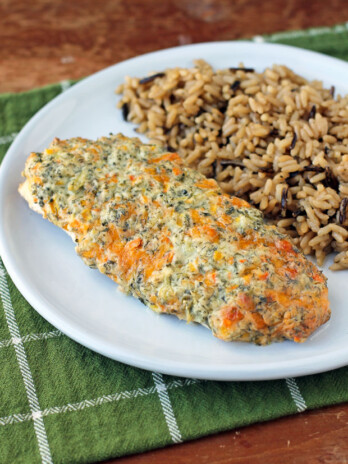 Cheesy Garden Vegetable Baked Chicken plated with rice