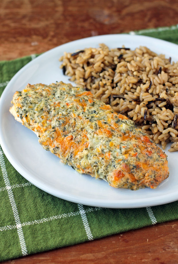 Cheesy Garden Vegetable Baked Chicken plated with rice