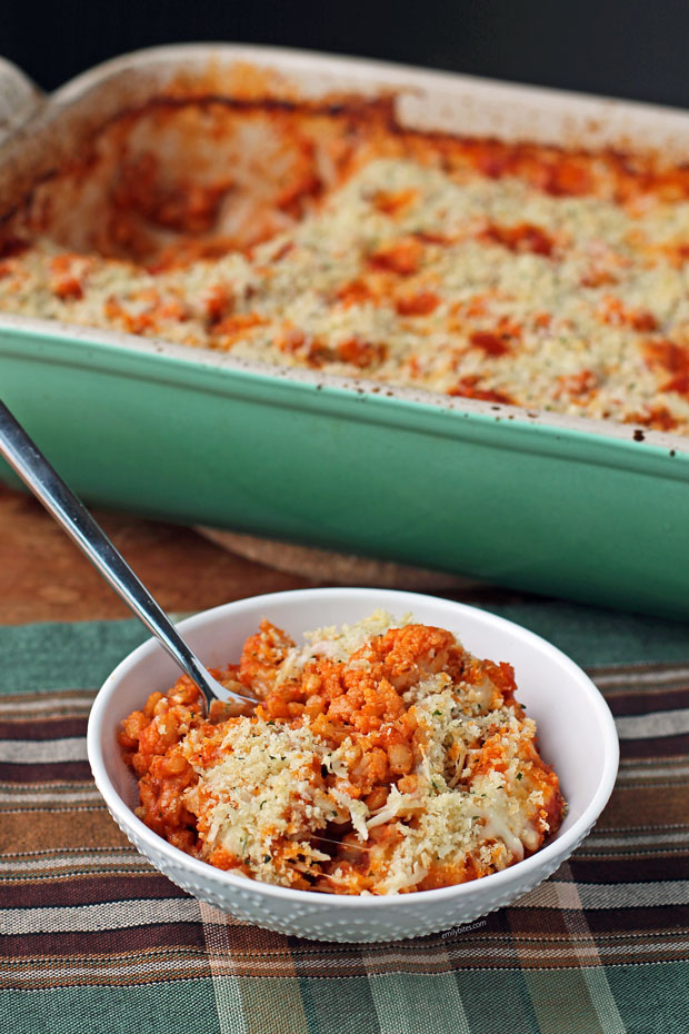 Cauliflower and Barley Parmesan Bake in a bowl