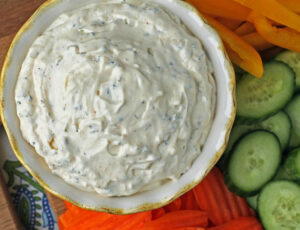 Creamy Veggie Dip with carrots, cucumbers, and peppers