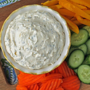 Creamy Veggie Dip with carrots, cucumbers, and peppers