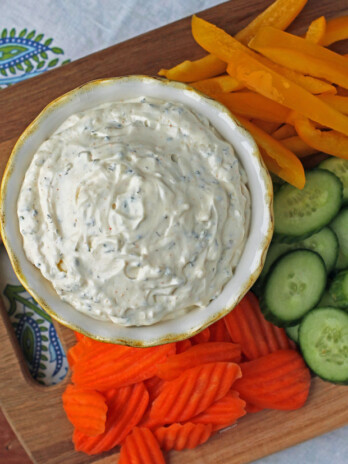 Creamy Veggie Dip with carrots, cucumbers, and peppers