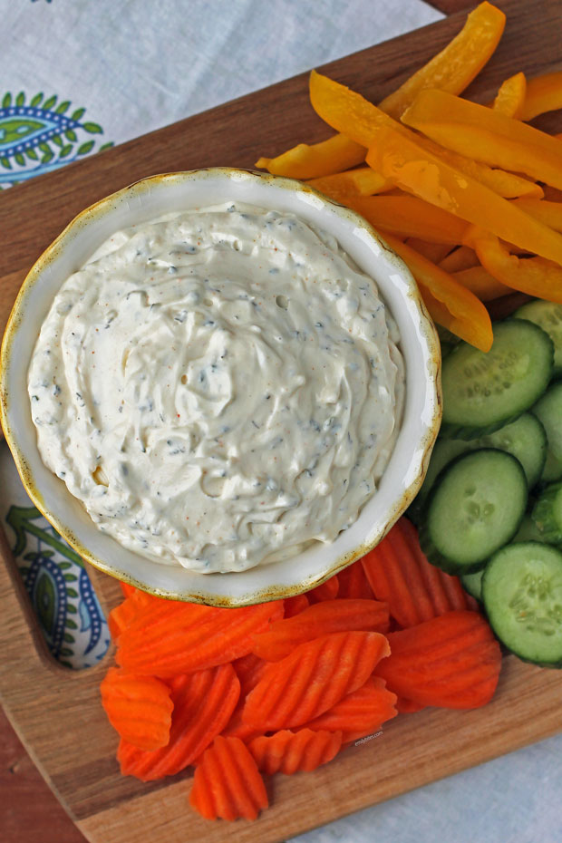 Creamy Veggie Dip with carrots, cucumbers, and peppers