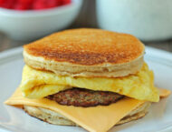 Lighter Griddlecake Breakfast Sandwich on a plate