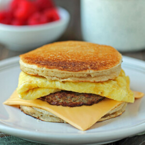 Lighter Griddlecake Breakfast Sandwich on a plate