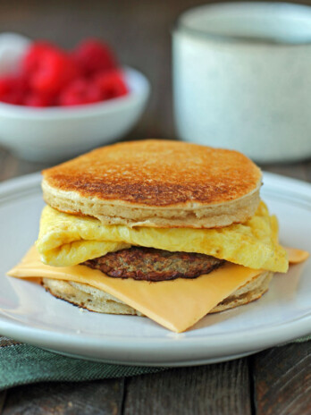 Lighter Griddlecake Breakfast Sandwich on a plate