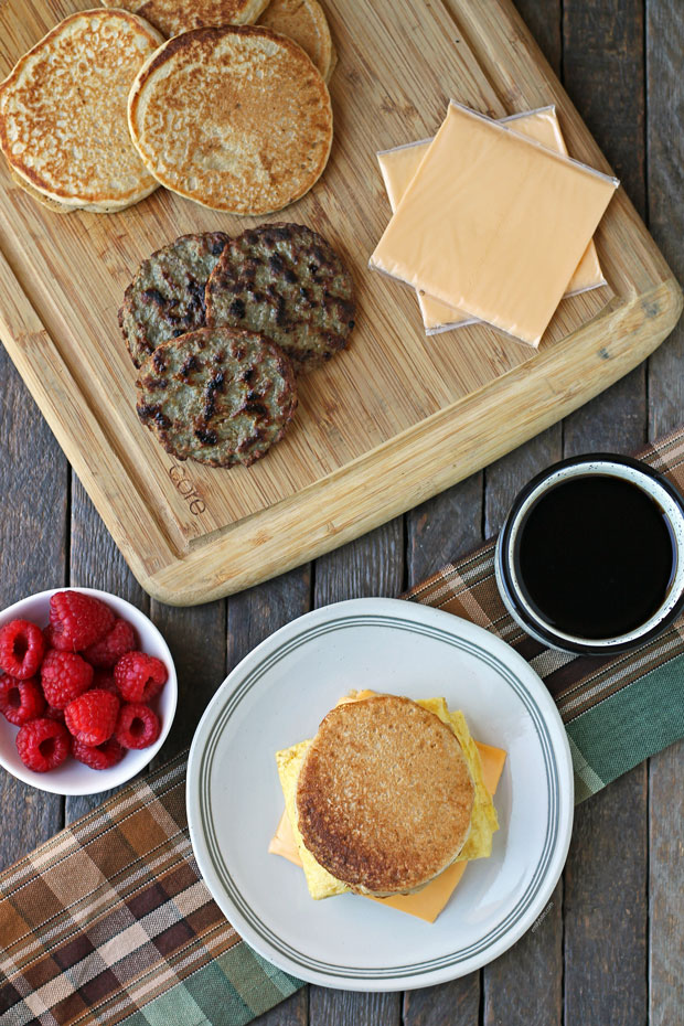 Lighter Griddlecake Breakfast Sandwich with ingredients