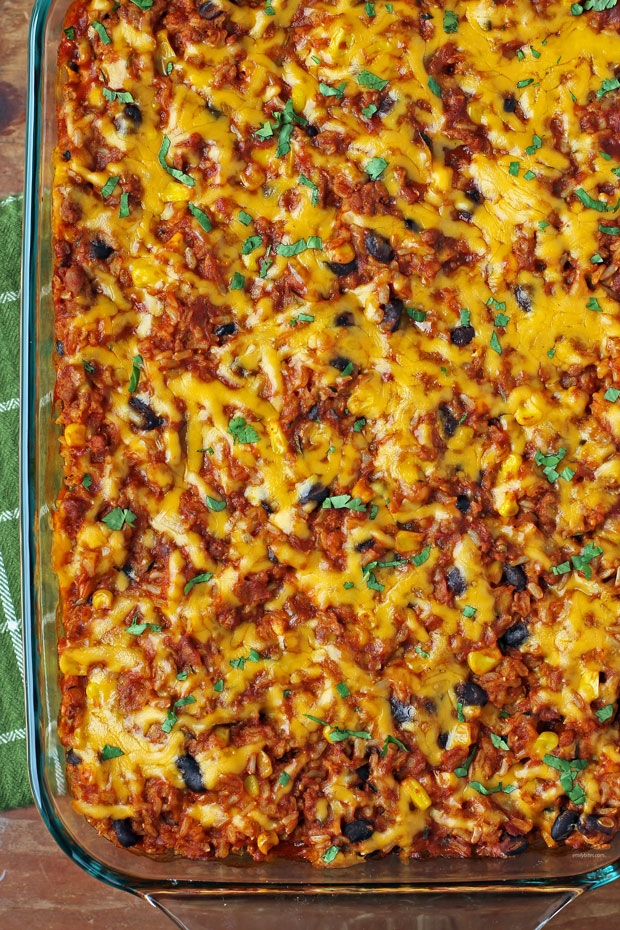 Turkey and Chorizo Enchilada Rice Bake in dish