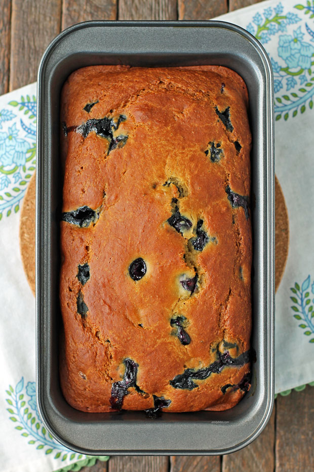 Blueberry bread in a loaf pan