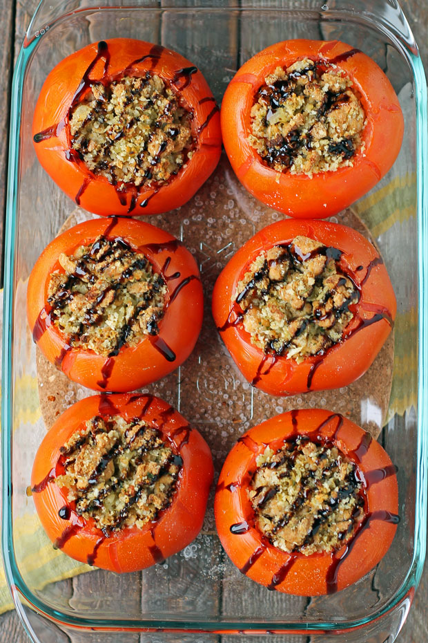 Sausage Stuffed Tomatoes in a baking dish
