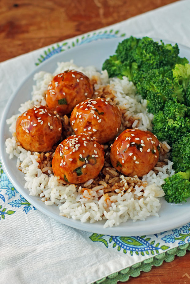 Pineapple Teriyaki Meatballs with rice and broccoli