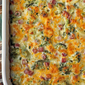 Ham and Cheese Au Gratin Potato Bake in a baking dish