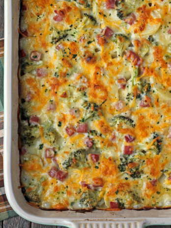 Ham and Cheese Au Gratin Potato Bake in a baking dish