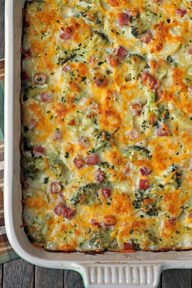 Ham and Cheese Au Gratin Potato Bake in a baking dish