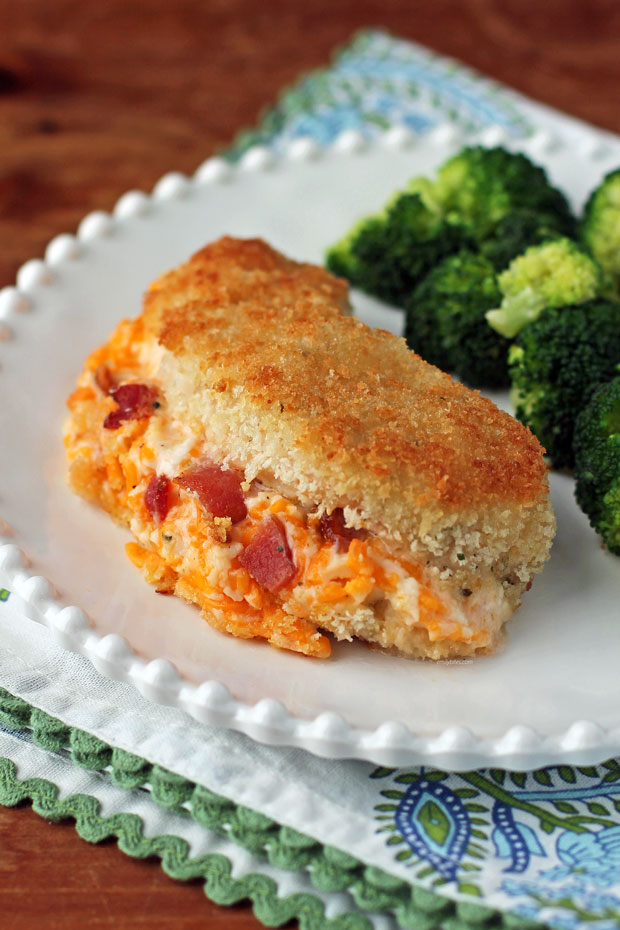 Cheesy Bacon Ranch Stuffed Chicken on a plate with broccoli