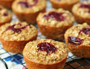 Peanut Butter and Berry Baked Oatmeal Singles on a cooling rack