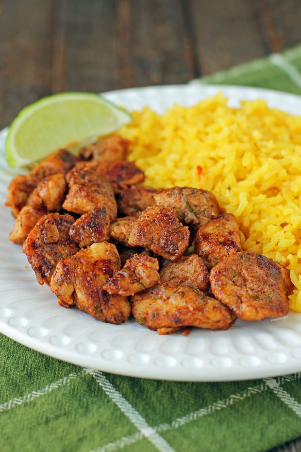 Chili Lime Chicken Bites on a plate with rice