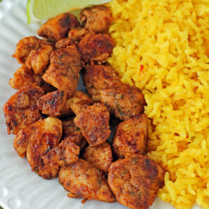 Chili Lime Chicken Bites served with rice