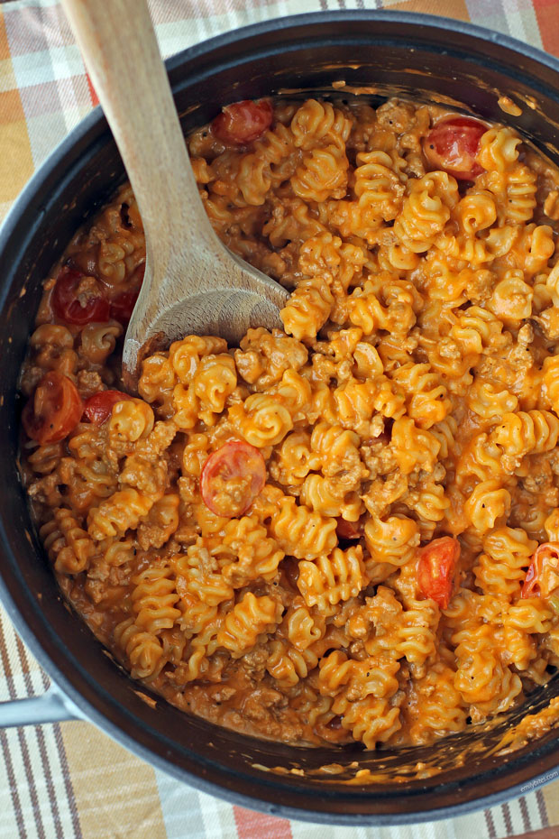 One-Pot Cheeseburger Pasta stirred overhead view