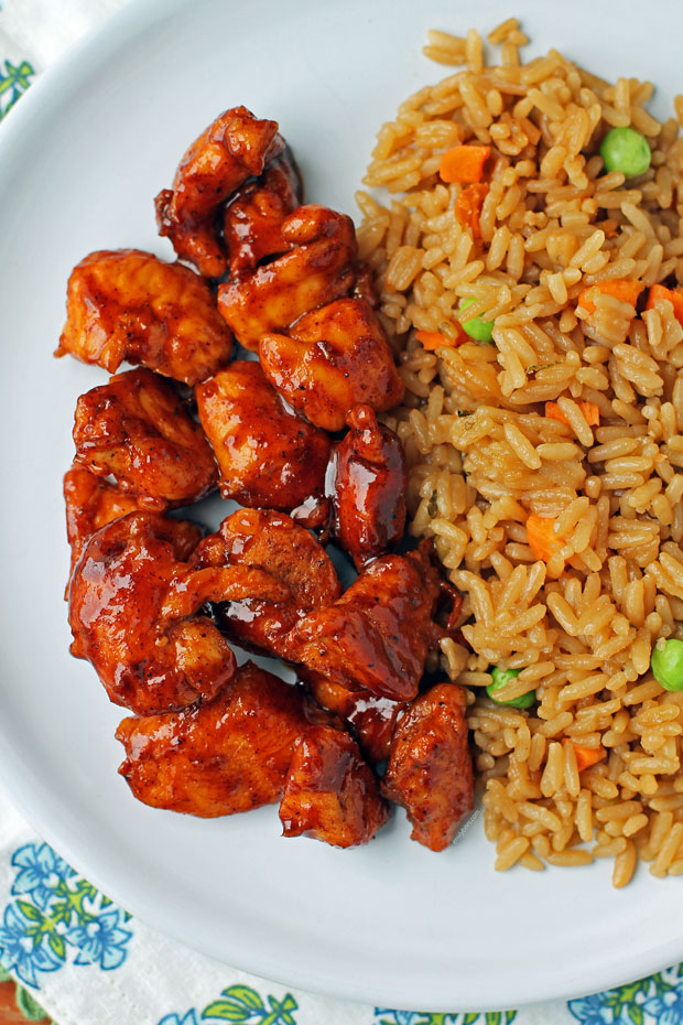 Honey Coriander Chicken Bites plated with rice