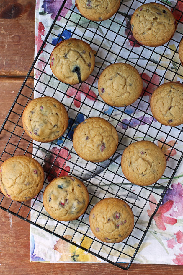 Triple Berry Muffins on a cooling rack